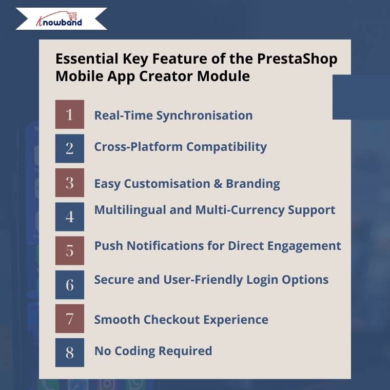 Explore the essential features of Knowband’s PrestaShop Mobile App Creator—real-time sync, push notifications, customization, and more.