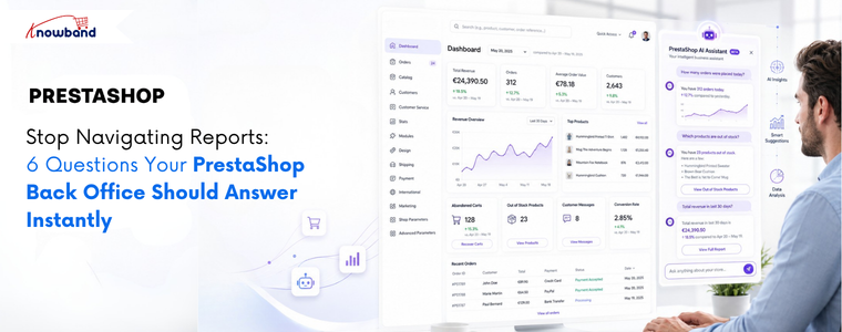 PrestaShop Back Office Analytics dashboard showing AI-powered insights for orders, revenue, stock, and customer analytics