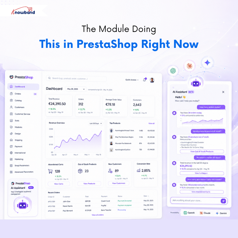 PrestaShop Smart Admin Assistant providing AI-powered analytics and instant answers from live store data