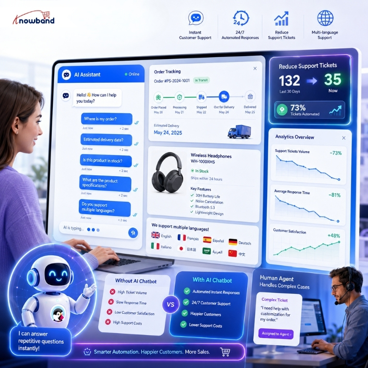 PrestaShop AI Chatbot handling order tracking, shipping questions, product availability, and return policy queries automatically.