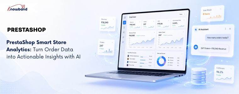 PrestaShop Smart Store Analytics helping merchants analyze orders, revenue, and store performance with AI.